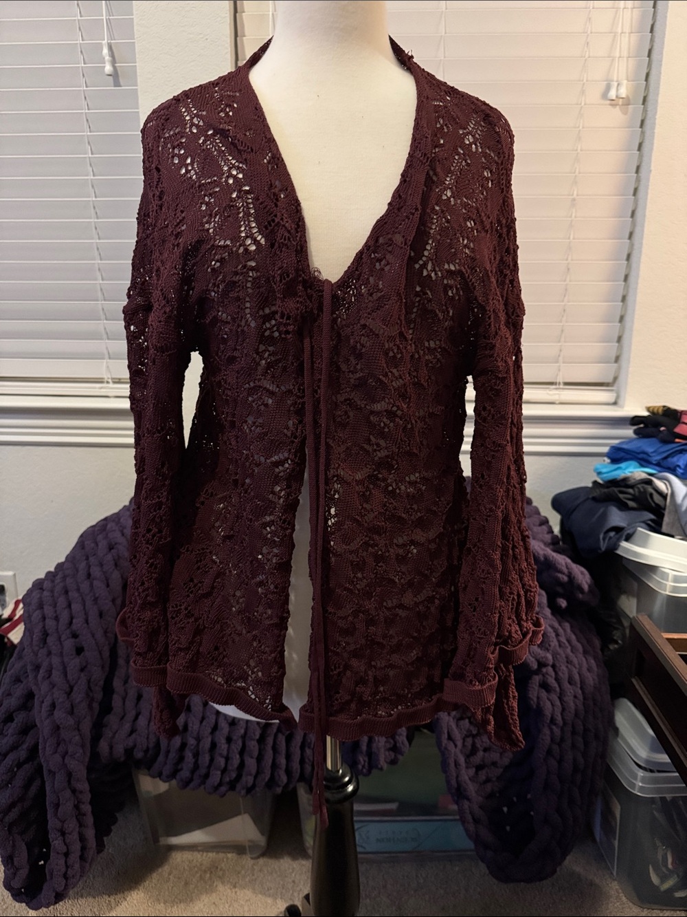 SHEIN Burgundy Openwork Tie-Front Knit Cardigan